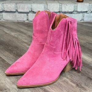 Hot Pink Suede Fringe Ankle Boots by Beast Fashion